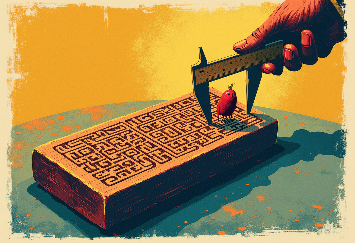 Editorial illustration: a wooden Easter Island rongorongo tablet densely covered in rows of small carved glyphs, most of them in shadow, while a surveyor's brass caliper reaches in and lifts exactly two of the glyphs up into the light.