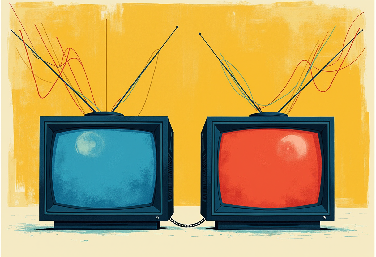 Editorial illustration: two television sets facing away from each other, one glowing blue and one red, each trailing its own tangle of broadcast-signal lines that never touch, joined only by a single thin gold thread at the top.