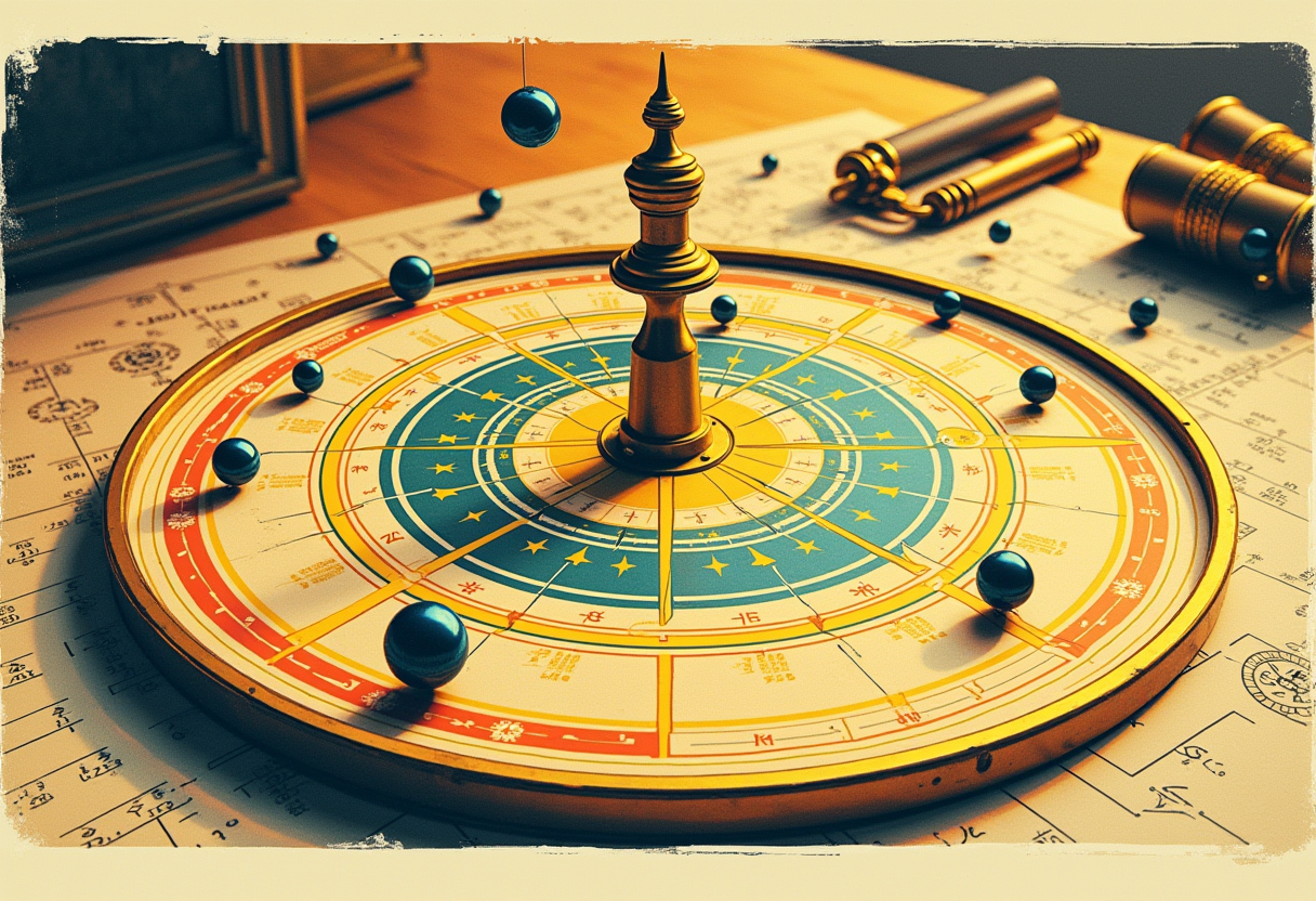 Editorial illustration: an antique brass orrery of planets orbiting a bright sun, one orbit traced by a glowing line that closes perfectly on itself, an astronomer's compass resting beside it.