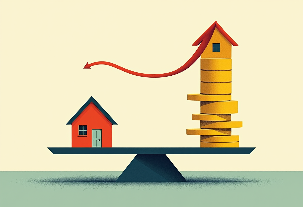 Editorial illustration: a two-pan balance scale, a small house sitting heavy on the low left pan, a tall tower of stacked gold coins and a rising arrow lifting the right pan high into the air.