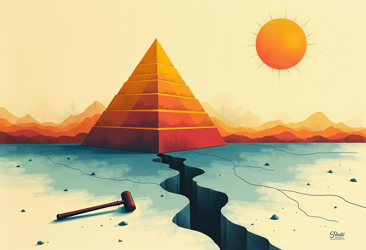 Editorial illustration: a seismograph strip unrolling into a cascade of stacked triangular blocks shrinking left to right, a single crack running through the paper beneath the largest one.