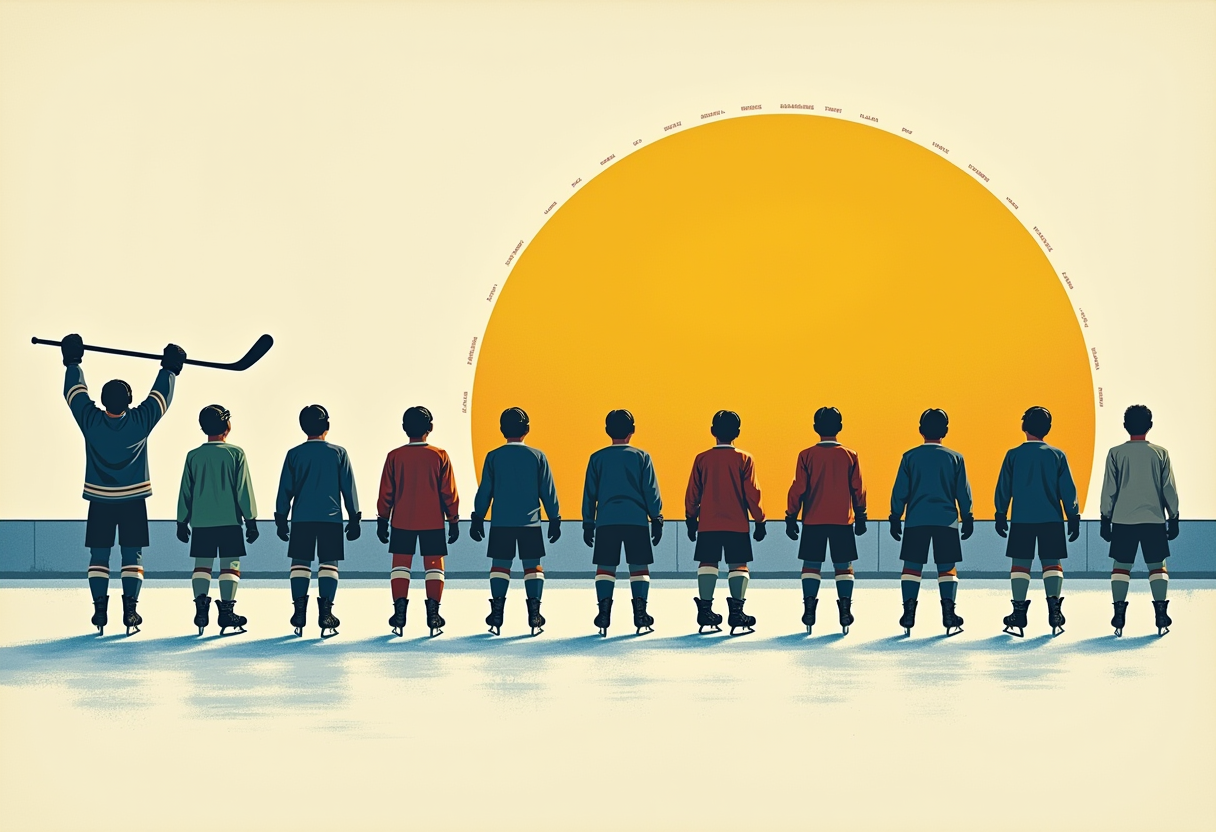 Editorial illustration: a row of youth hockey players tinted bright blue on the left fading to pale grey on the right, a wall calendar behind them with one wedge glowing gold.