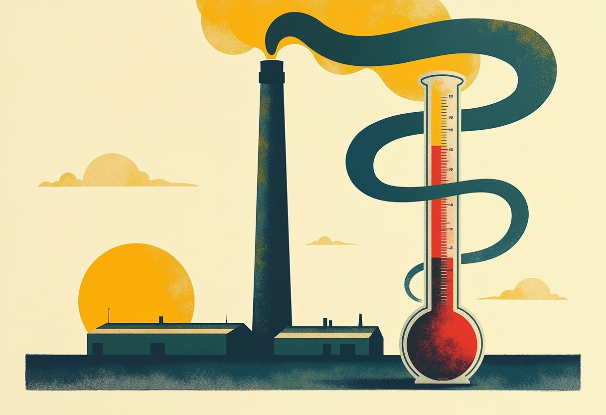 Editorial illustration: a smokestack's rising spiral of golden smoke braided together with the red mercury column of a giant thermometer, both climbing toward the top of the frame.