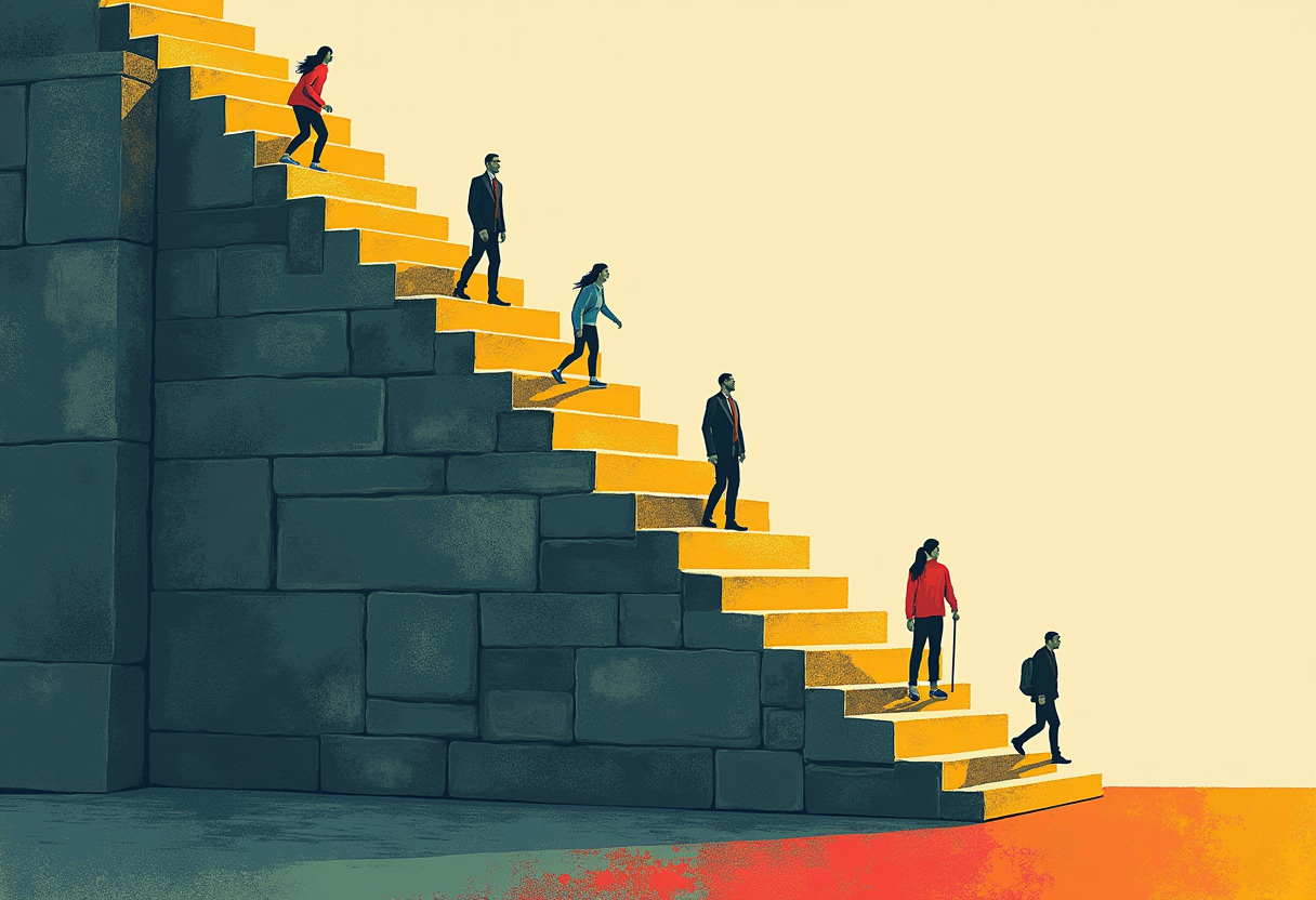 Editorial illustration: a steep staircase of unequal stone steps with climbing figures, crossed once by a smooth golden diagonal ramp cutting across it near the middle.