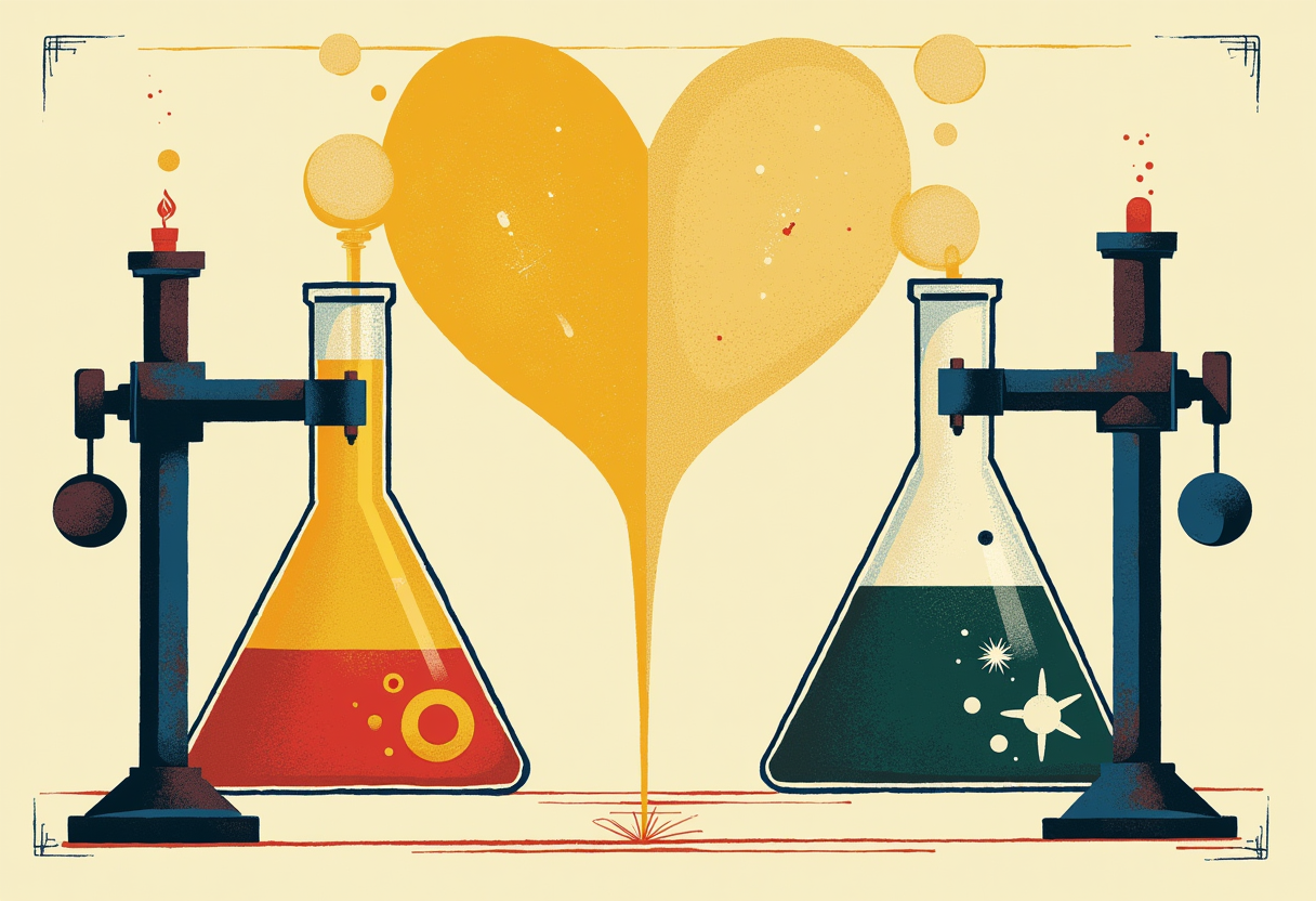 Editorial illustration: a wide golden lever pressed fully down beside an identical half-sized lever pressed down only a little, each connected to a laboratory flask, one brimming full and one exactly half full.