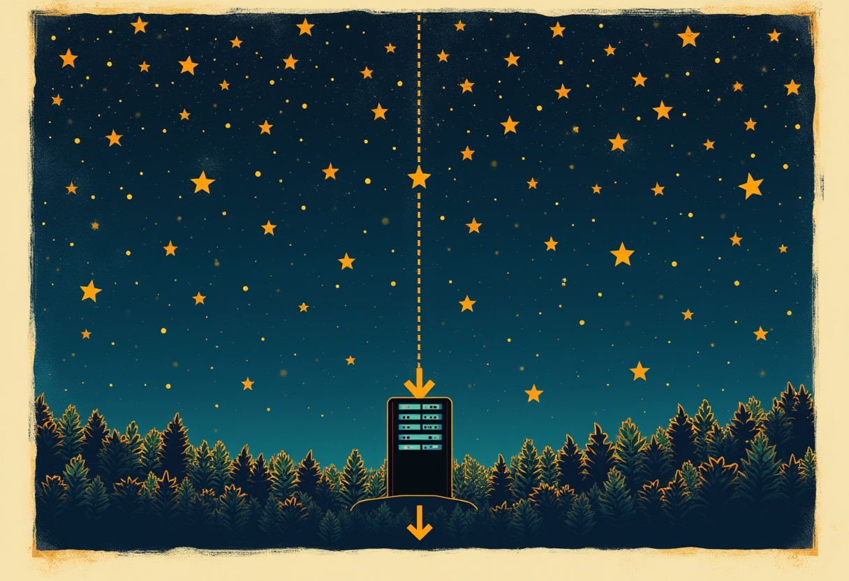 Editorial illustration: a night sky dense with small gold stars above a glowing blue server rack, one thin faint dotted line reaching down from the stars to a small download arrow.
