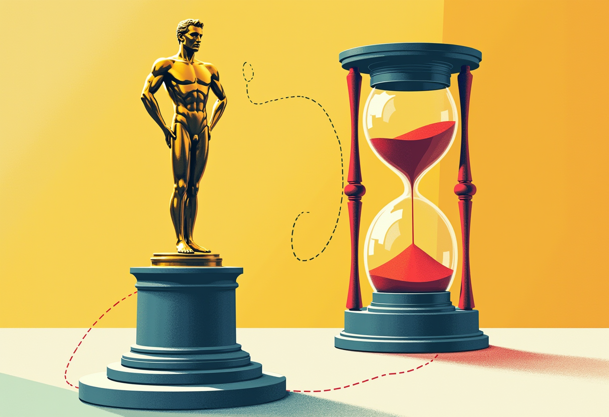 Editorial illustration: a golden trophy statuette on a marble pedestal beside a tall hourglass, a faint dotted line between them fading to nothing before it arrives.