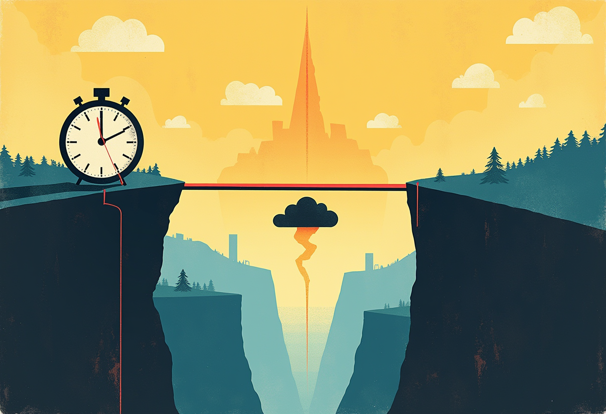 Editorial illustration: a bond-yield line graph dipping sharply to cross beneath a flatter line at a small storm cloud, then continuing down off a cliff edge into a canyon, a wall clock spinning overhead.