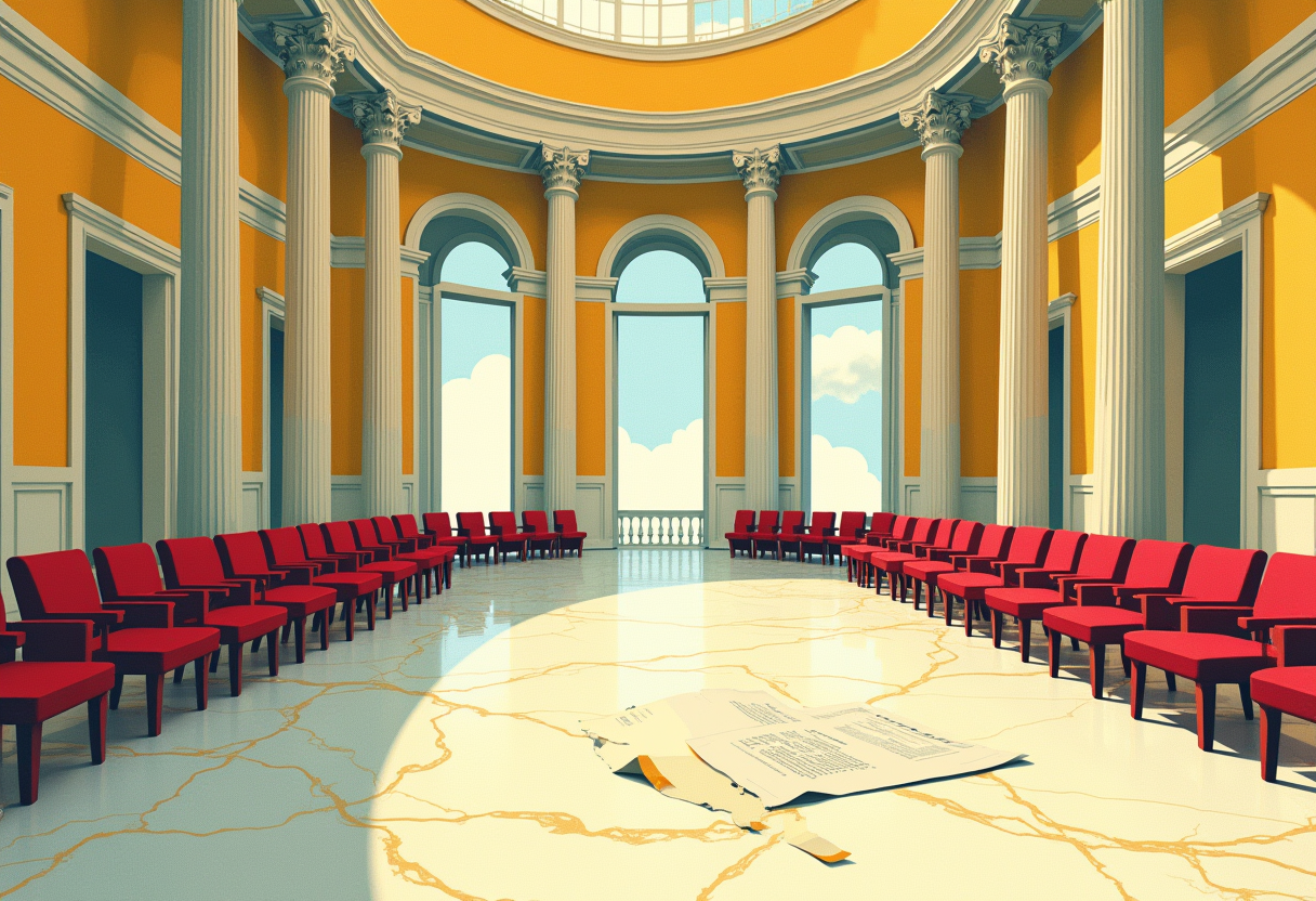 Editorial illustration: the empty marble rotunda of a capitol building, sunlight through a dome skylight on the bare floor, a calm flat stock-ticker line visible through a tall window.