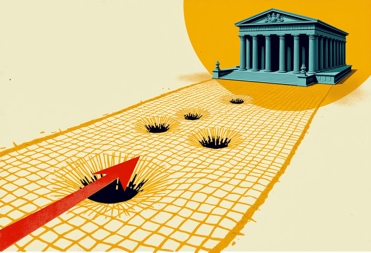 Editorial illustration: the columned facade of a central bank building above a wide golden safety net full of visible tears, a small red arrow plunging through one gap rather than landing on the net.