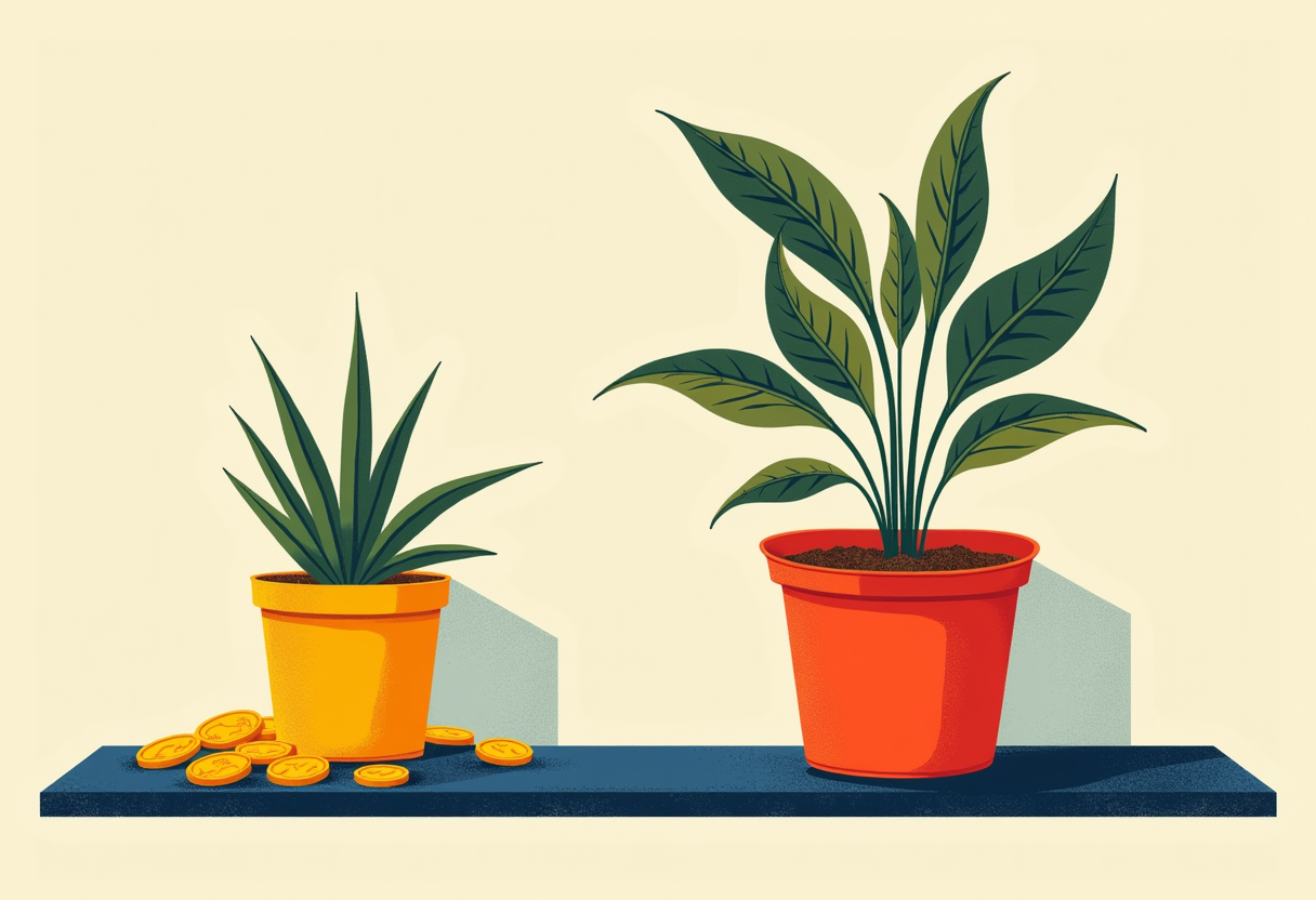 Editorial illustration: two potted plants on a windowsill, a small blue one and a taller red one, both slightly wilting at the top of their stems though still rising, gold coins scattered as soil mulch.