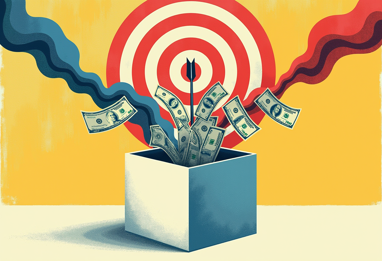 Editorial illustration: an open ballot box with paper currency and ballots pouring in from two colored streams, and above it a large archery target with an arrow stuck far outside every ring.